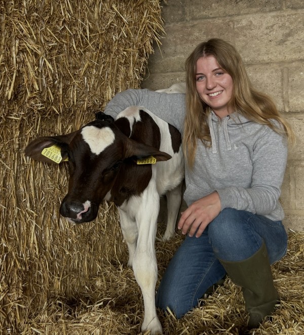 Lily Showers crouching beside a Friesian calf surrounded by hay bales