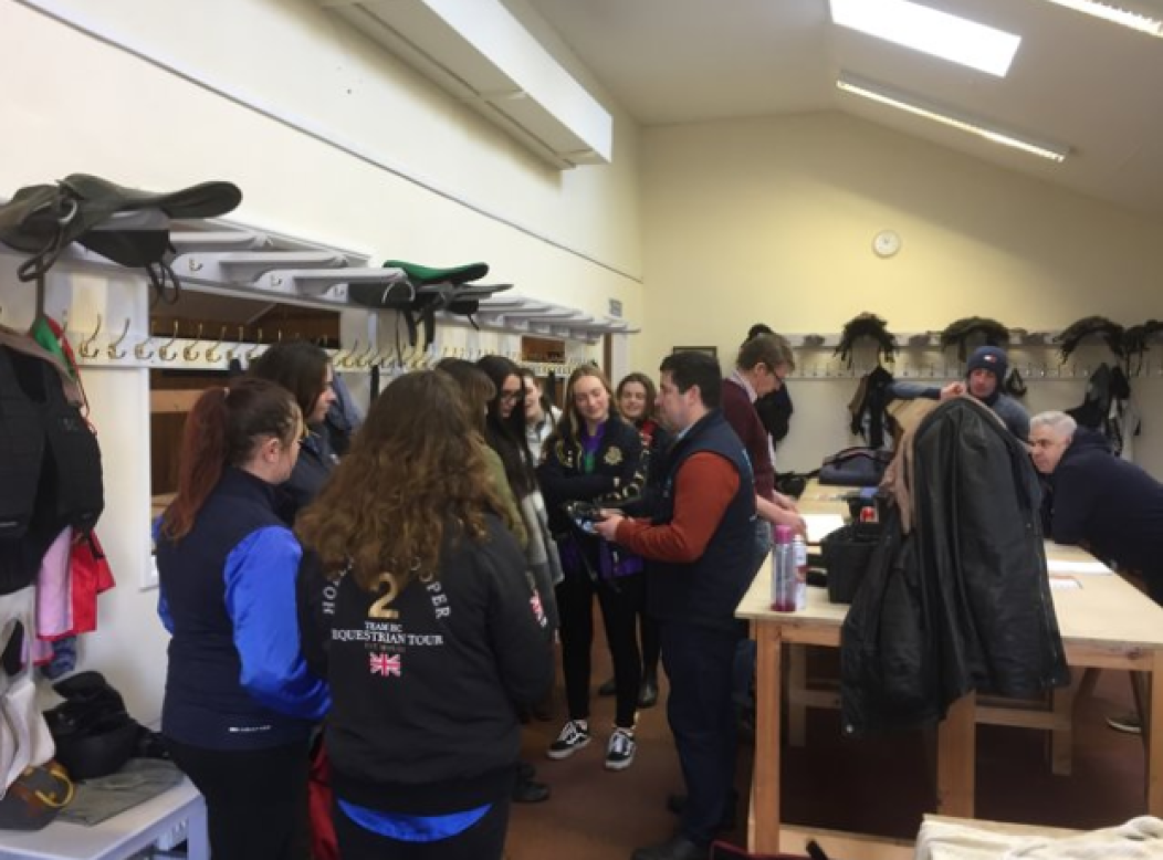 easton college equine studies students inside jockeys changing rooms at fakenham racecourse